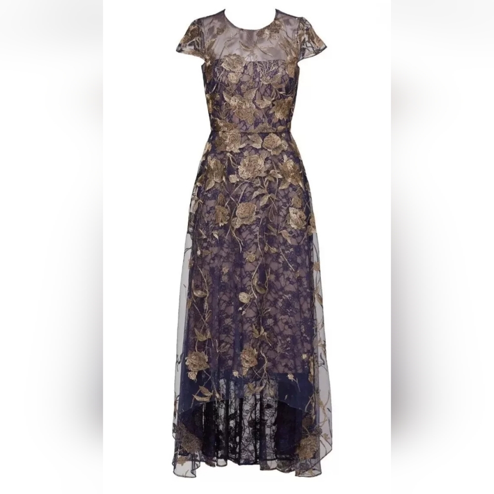 Navy and Gold Floral High Low Dress - Picture 2 of 7